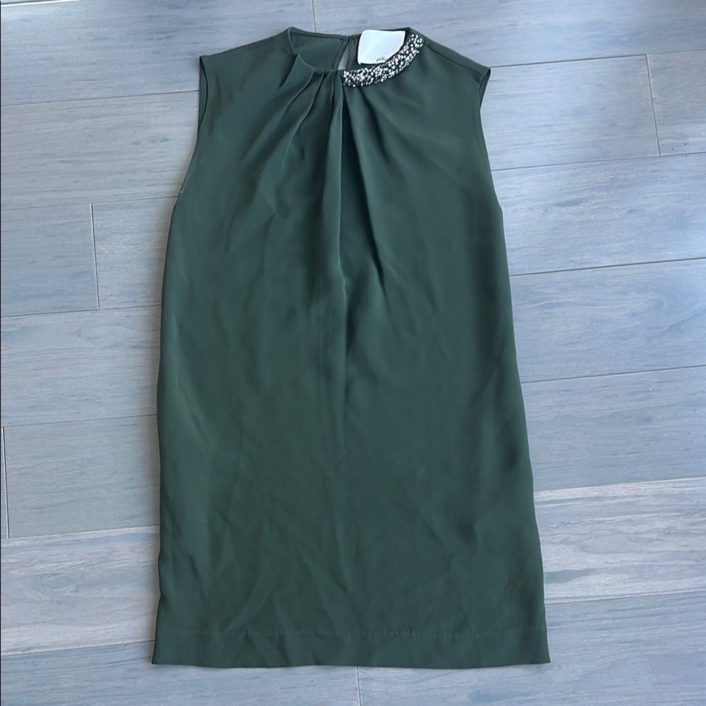 3.1 Phillip Lim Forest Green Silk Sleeveless Pleated Sheath Dress Size 0